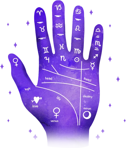 Purple palm with palmistry lines and astrological symbols